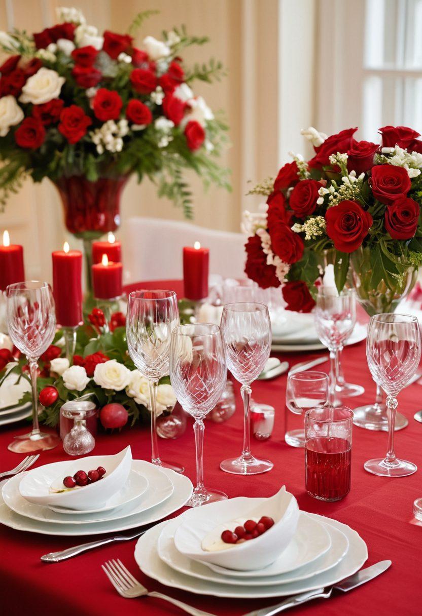 A vibrant and festive table setting showcasing a delightful transformation from red to white decorations, featuring elegant wine glasses filled with various drinks, a mix of delicious foods artfully arranged, and cheerful guests in formal attire. The atmosphere is lively with soft lighting and whimsical floral displays intertwining in shades of red and white. super-realistic. vibrant colors. celebratory ambiance.