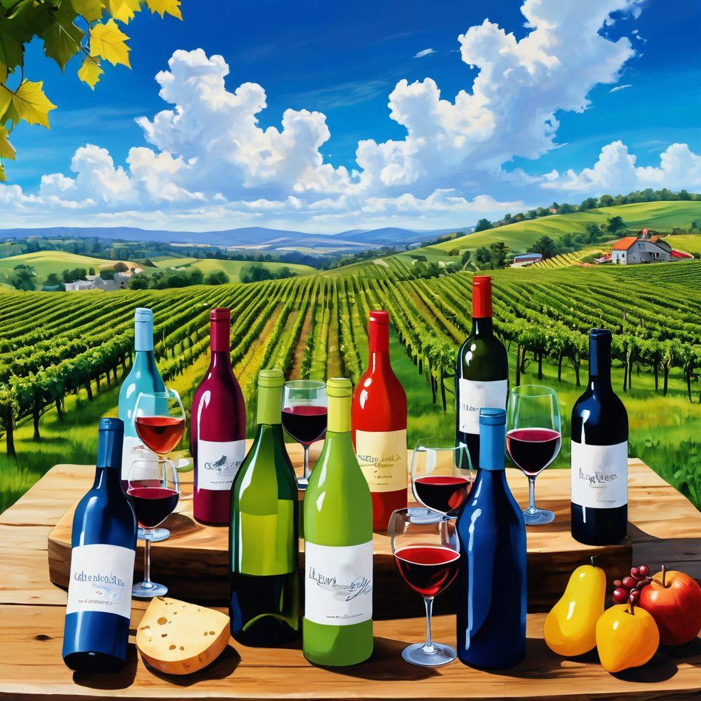A whimsical vineyard scene bustling with lively characters tasting different wines, each with exaggerated expressions of joy and surprise. Colorful wine bottles pop against lush green vines under a bright blue sky filled with playful clouds. Include a wooden tasting table adorned with quirky wine glass designs and an assortment of cheese and fruit. Capture the essence of fun and celebration. vibrant colors. playful illustration.